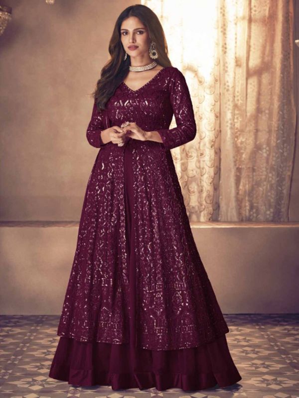 Wine Colour Party Wear Salwar Suit in Georgette Fabric.