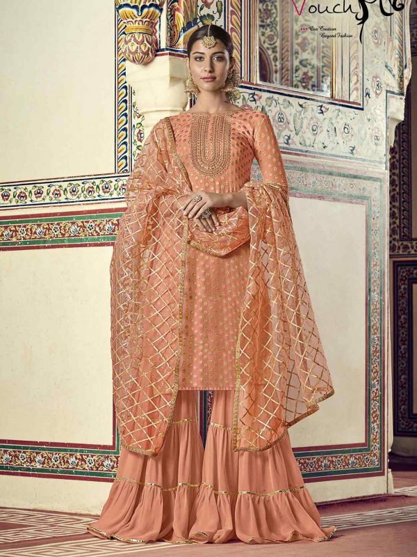 Orange Colour Women Sharara Salwar Suit in Jacquard Fabric.