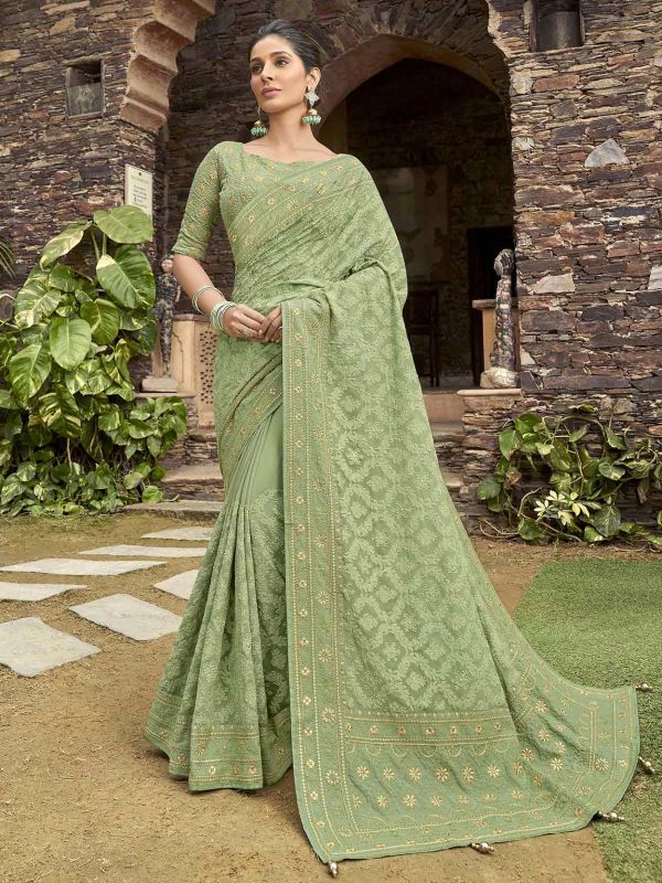 Indian Designer Saree Green Colour in Satin Georgette Fabric.