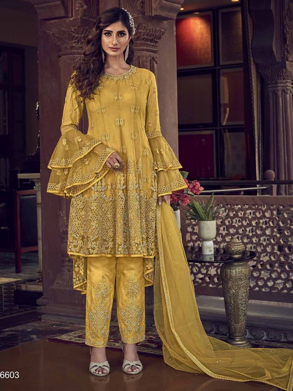 Designer Salwar Suit Yellow Colour Net Fabric.