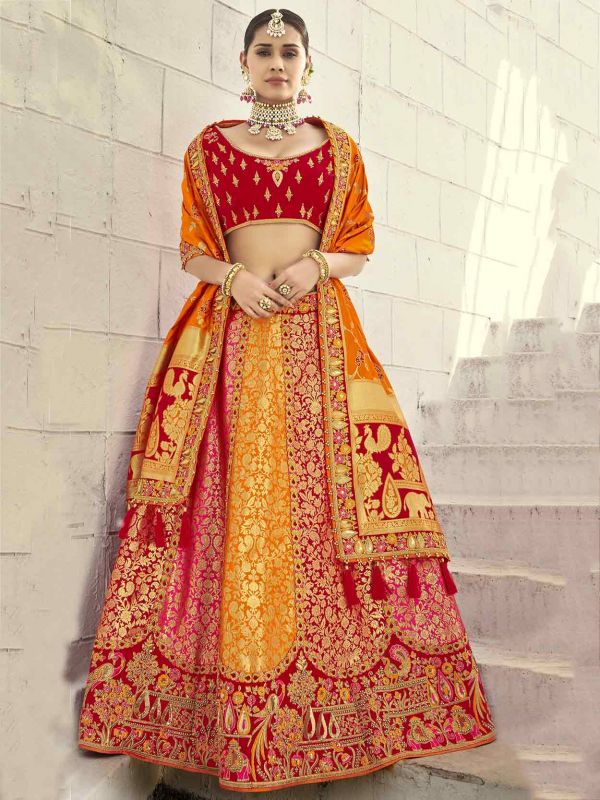Imported Fabric Wedding Lehenga Choli in Red,Orange Colour.