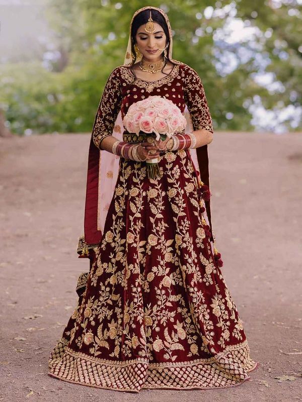 Maroon Colour Velvet Fabric Designer Bridal Salwar Suit.