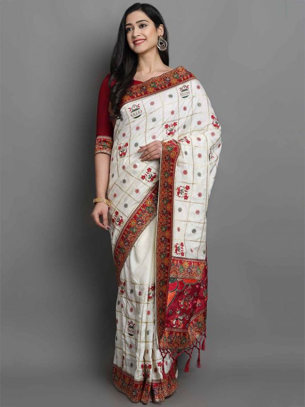 Cream Colour Silk Indian Traditional Saree.