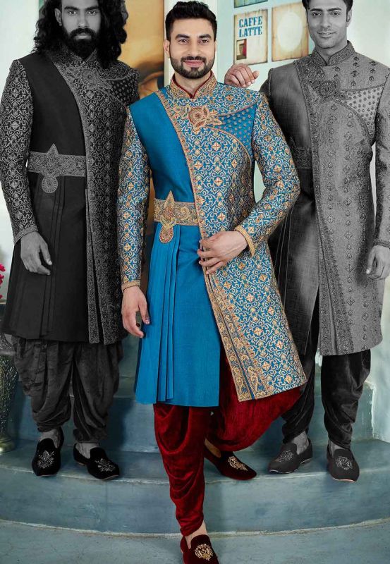 Buy designer sherwani in turquoise colour for men