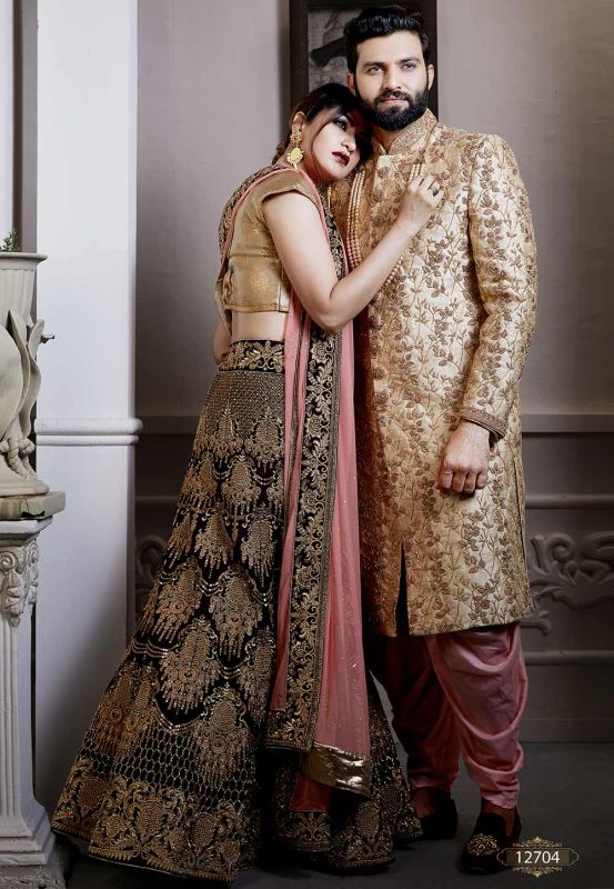 Golden Colour Jacquard Fabric Indian Wedding  Attire For Groom.