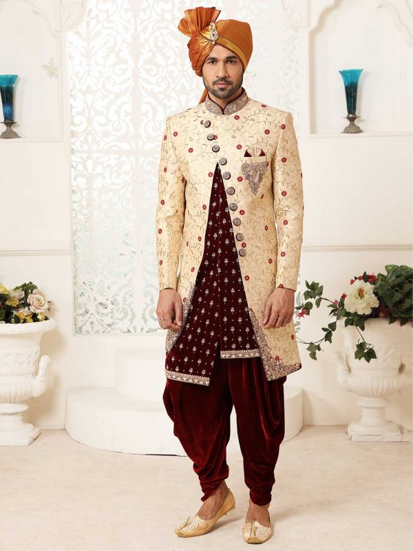 Cream,Maroon Colour Brocade Fabric Mens Designer Sherwani.