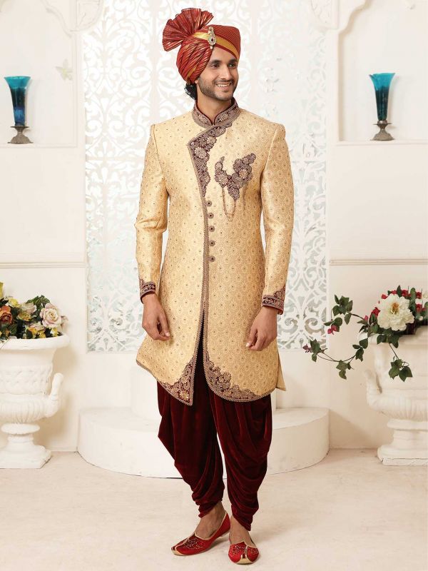 Golden Colour Brocade Fabric Indian Groom Sherwani.