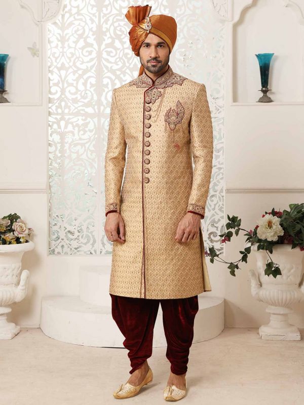 Golden Colour Brocade Fabric Indian Wedding Sherwani.