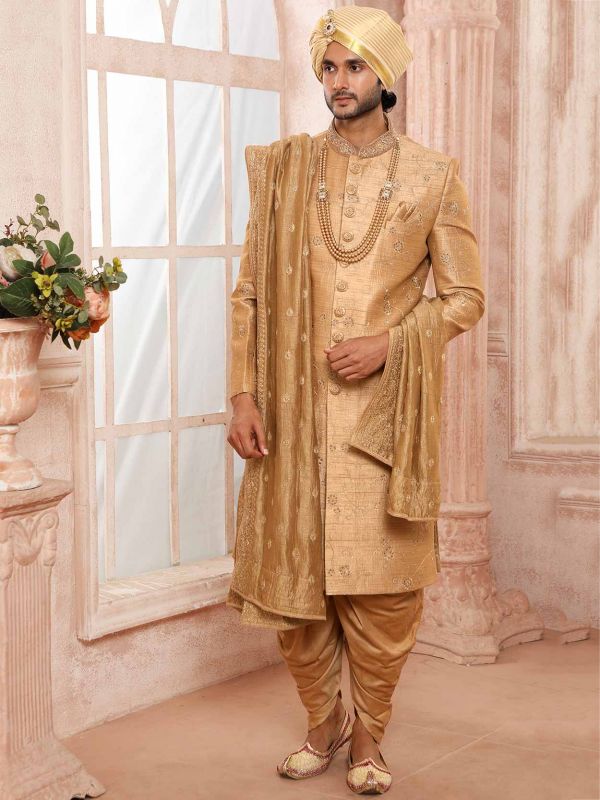 Golden Colour Silk Fabric Wedding Sherwani.