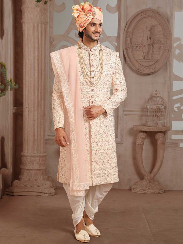 Cream,Peach Colour Brocade Fabric Groom Sherwani.