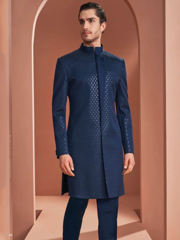 Blue Sequined Readymade Silk Indowestern For Men