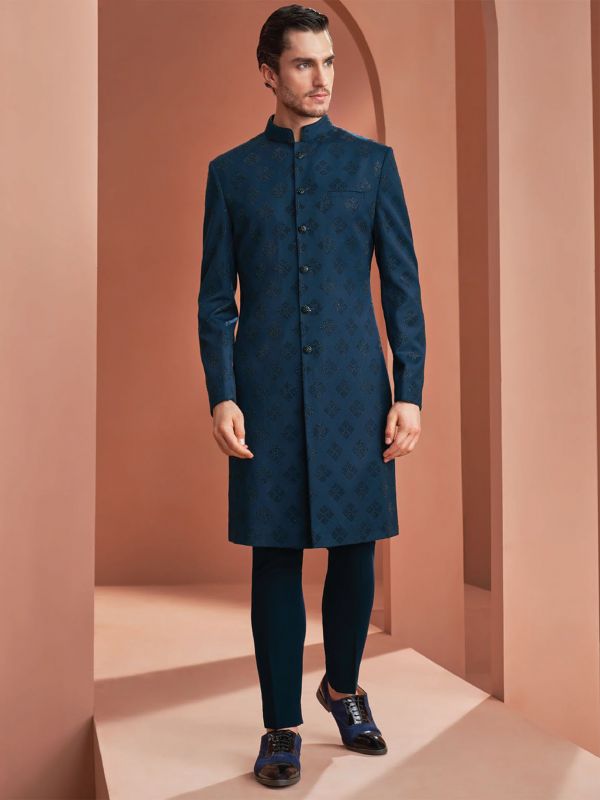 Blue Printed Indowestern For Groom