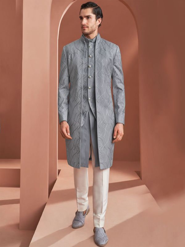 Grey Embroidered Layered Indowestern For Groom