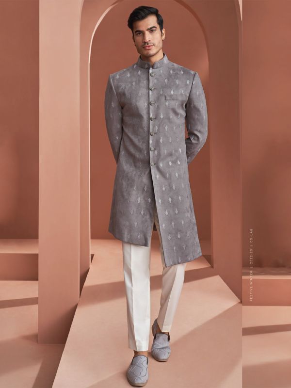 Grey Asymmetric Embroidered Indowestern In Velvet