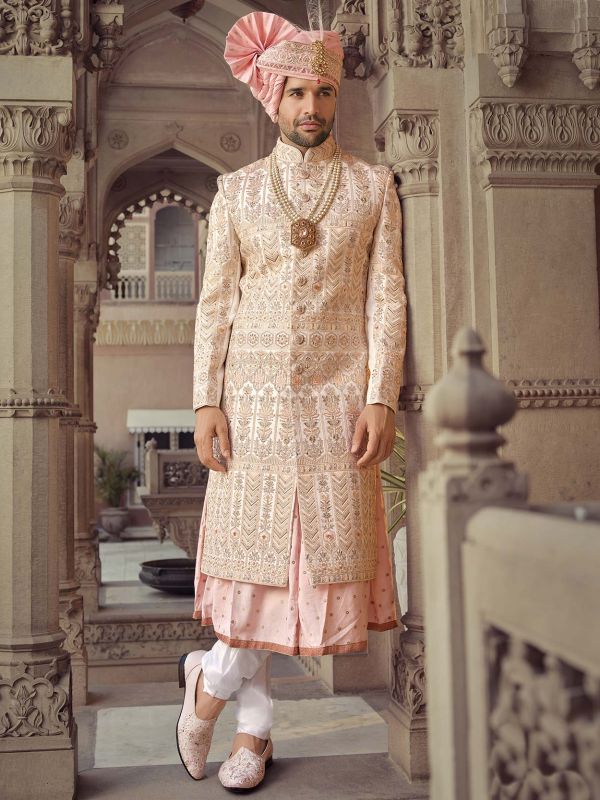 Readymade Cream Embroidered Mens Sherwani Set