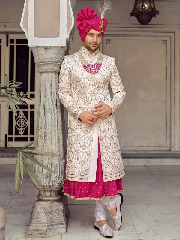 Readymade White Embroidered Groom Sherwani Set