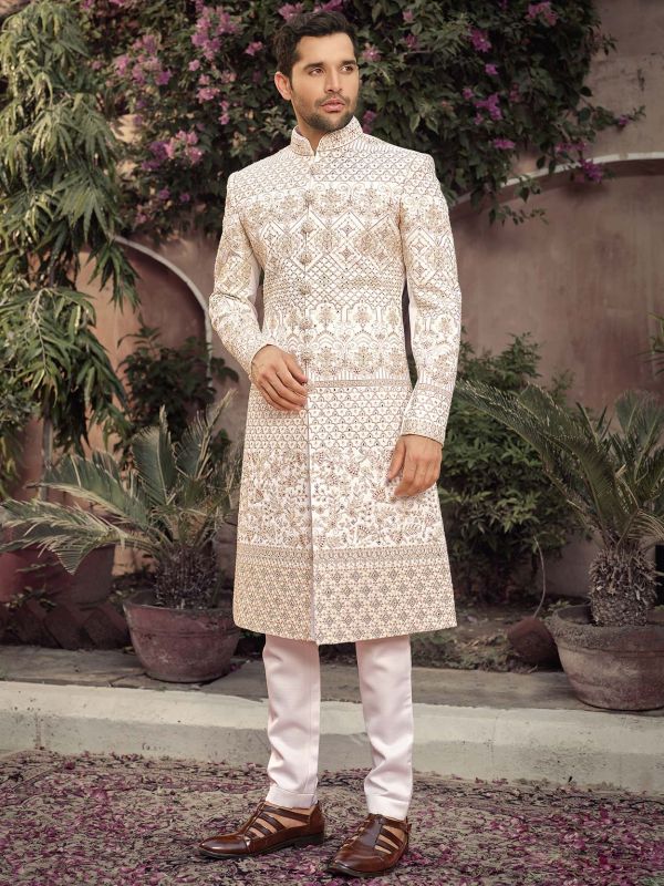 White Embroidered Mens Readymade Sherwani