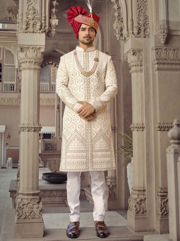 Off White Readymade Thread Embroidered Sherwani For Men
