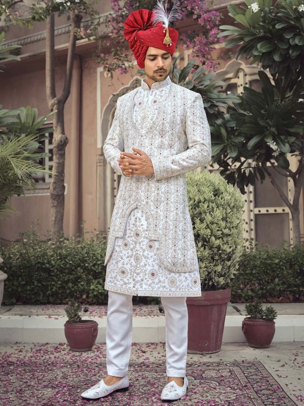 Readymade White Zari Embroidered Groom Sherwani Set