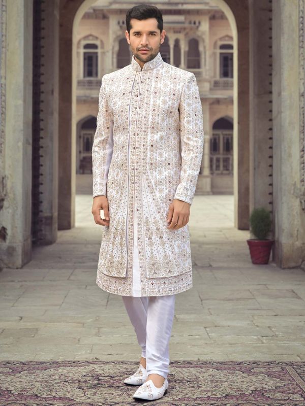 White Readymade Zari Embroidered Groom Sherwani Set