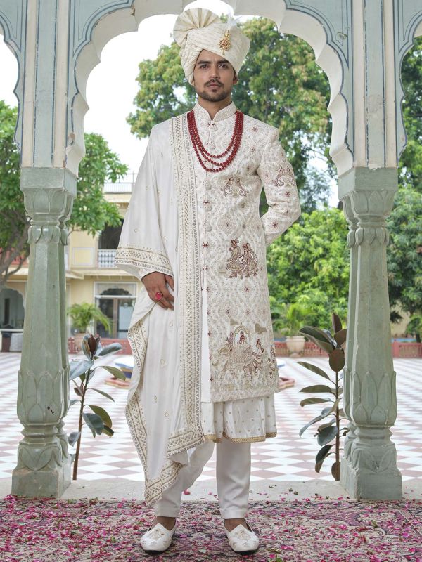 White Thread Embroidered Groom Readymade Sherwani Set