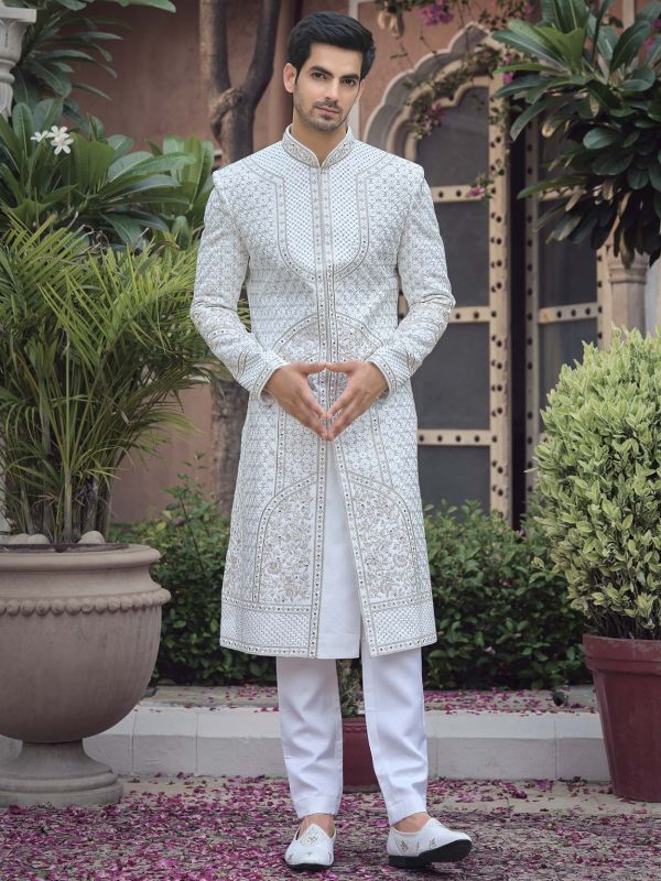 Readymade White Mens Sherwani With Embroidery