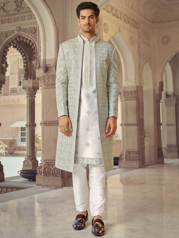 Silver And White Embroidered Readymade Layered Indo Western