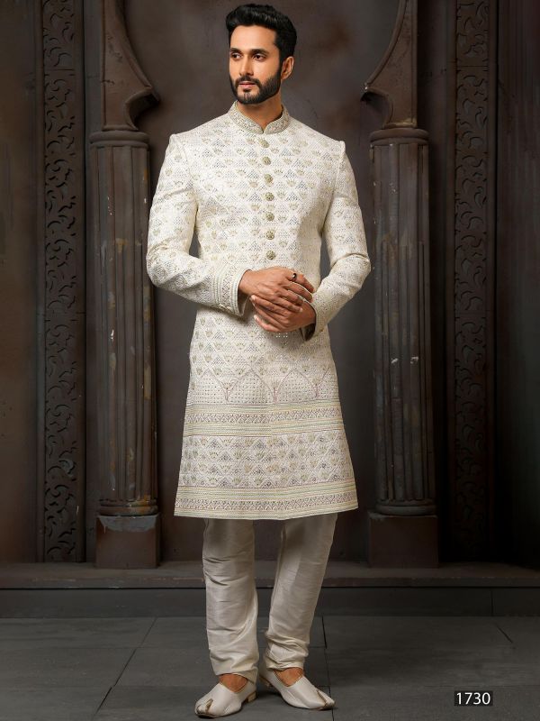White Embroidered Groom Sherwani In Art Silk