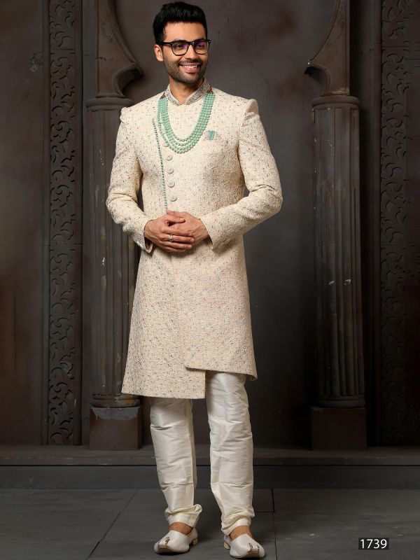 Yellow Embroidered Asymmetric Sherwani Set In Silk