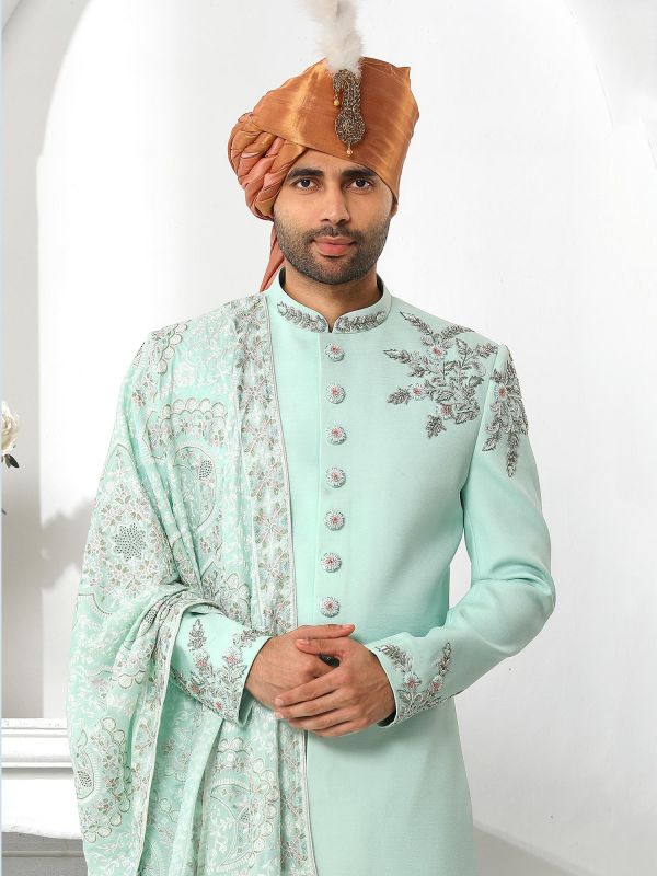Blue Embroidered Groom Sherwani In Silk