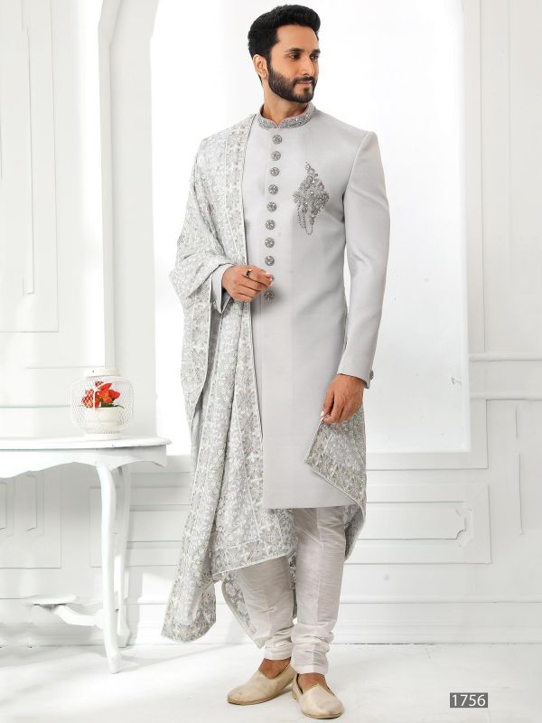 Silver Embroidered Silk Sherwani With Stole