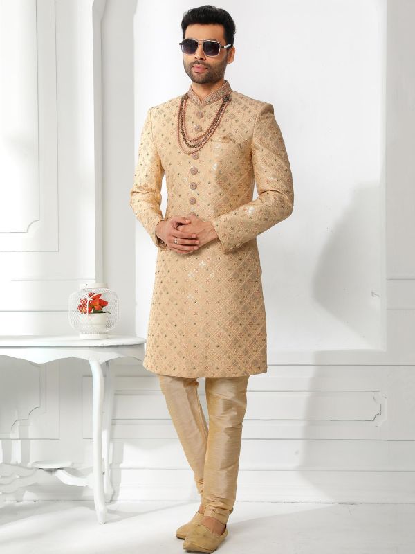 Beige Art Silk Embroidered Sherwani Set