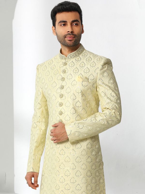 Yellow Art Silk Sherwani With Embroidery