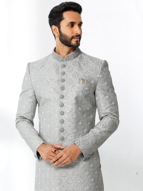 Grey Sequins Embroidered Art Silk Sherwani