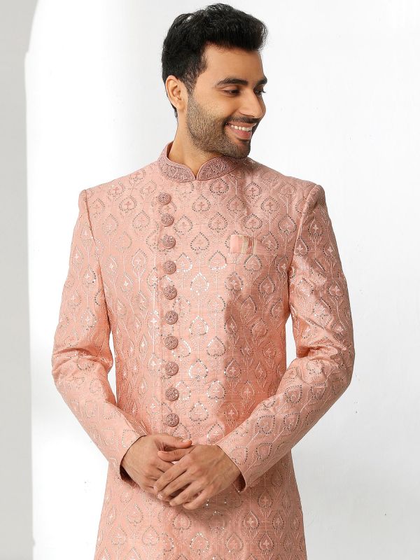 Peach Asymmetric Mens Sherwani Set