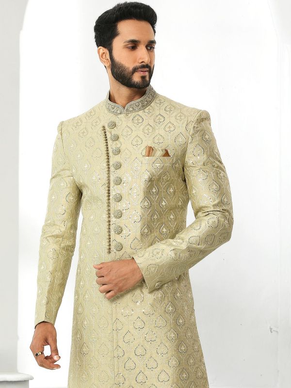 Green Sequined Asymmetric Mens Sherwani Set