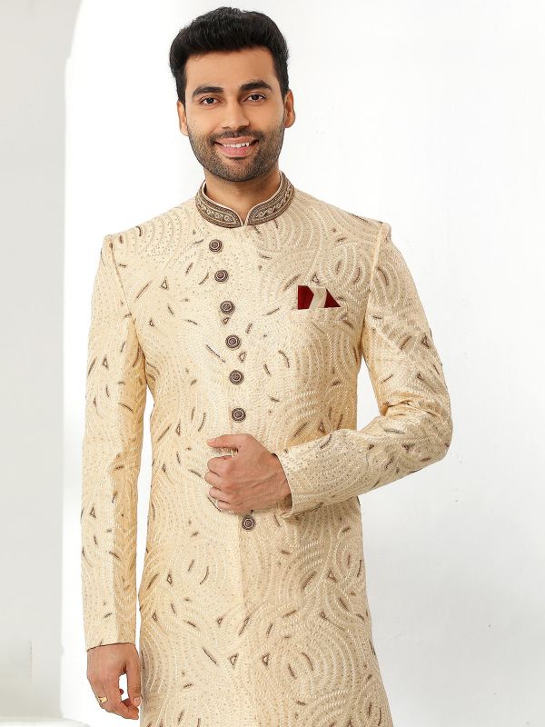 Cream Sequined Sherwani In Art Silk