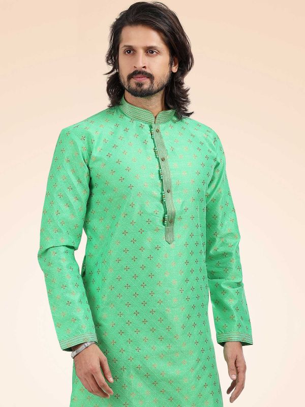 Green Mens Kurta Pajama In Banarasi Silk