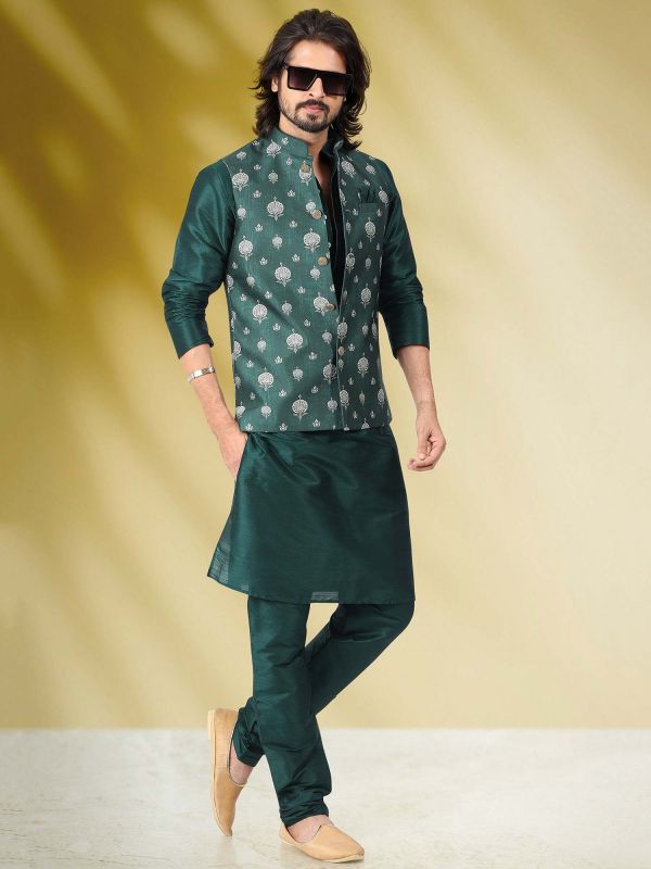 Green Mens Kurta Pajama With Jacket