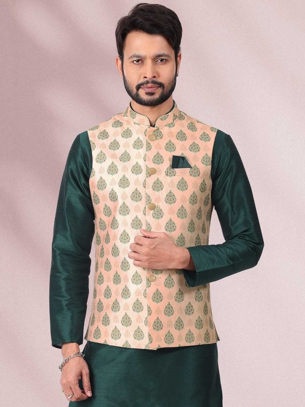 Green Silk Kurta Pajama With Jacket Set