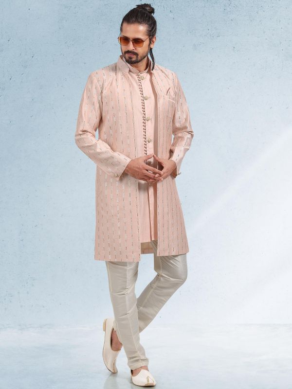 Pink Embroidered Kurta Pyjama And Jacket Set