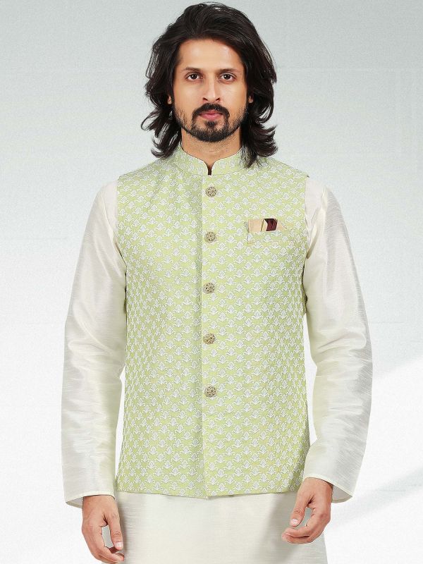 White Art Silk Kurta Pajama With Green Jacket