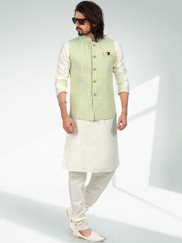 White Art Silk Kurta Pajama With Green Jacket