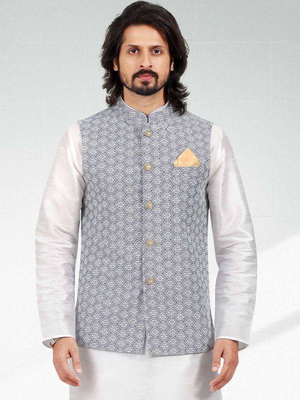 White Kurta Pyjama With Grey Embroidered Jacket