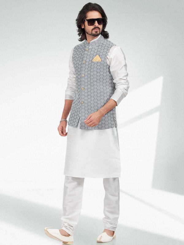 White Kurta Pyjama With Grey Embroidered Jacket