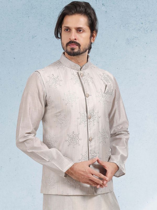 Grey Mens Kurta Pajama With Embroidered Jacket