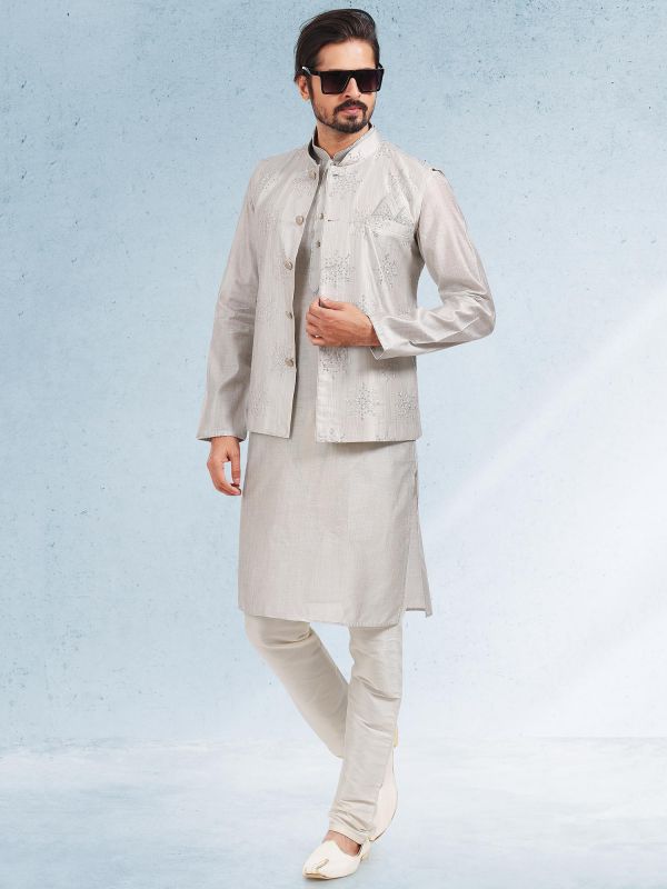 Grey Mens Kurta Pajama With Embroidered Jacket