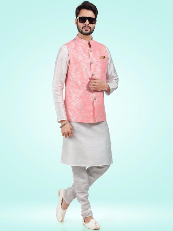 Readymade White Kurta Pyjama With Pink Jacket