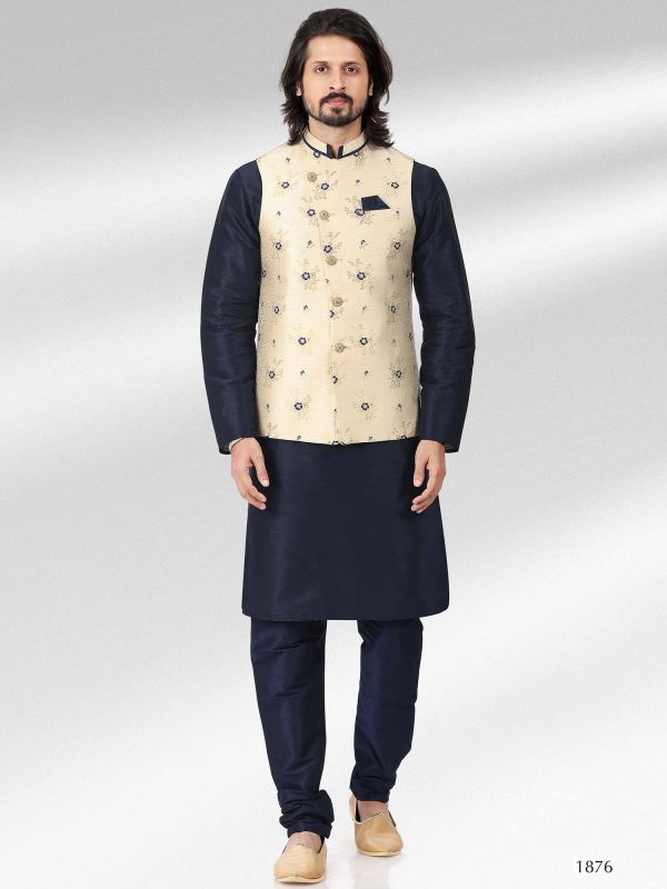 White Plain Kurta Pyjama With Jacquard Jacket