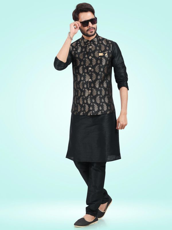 Black Readymade Kurta Pyjama With Jacquard Jacket